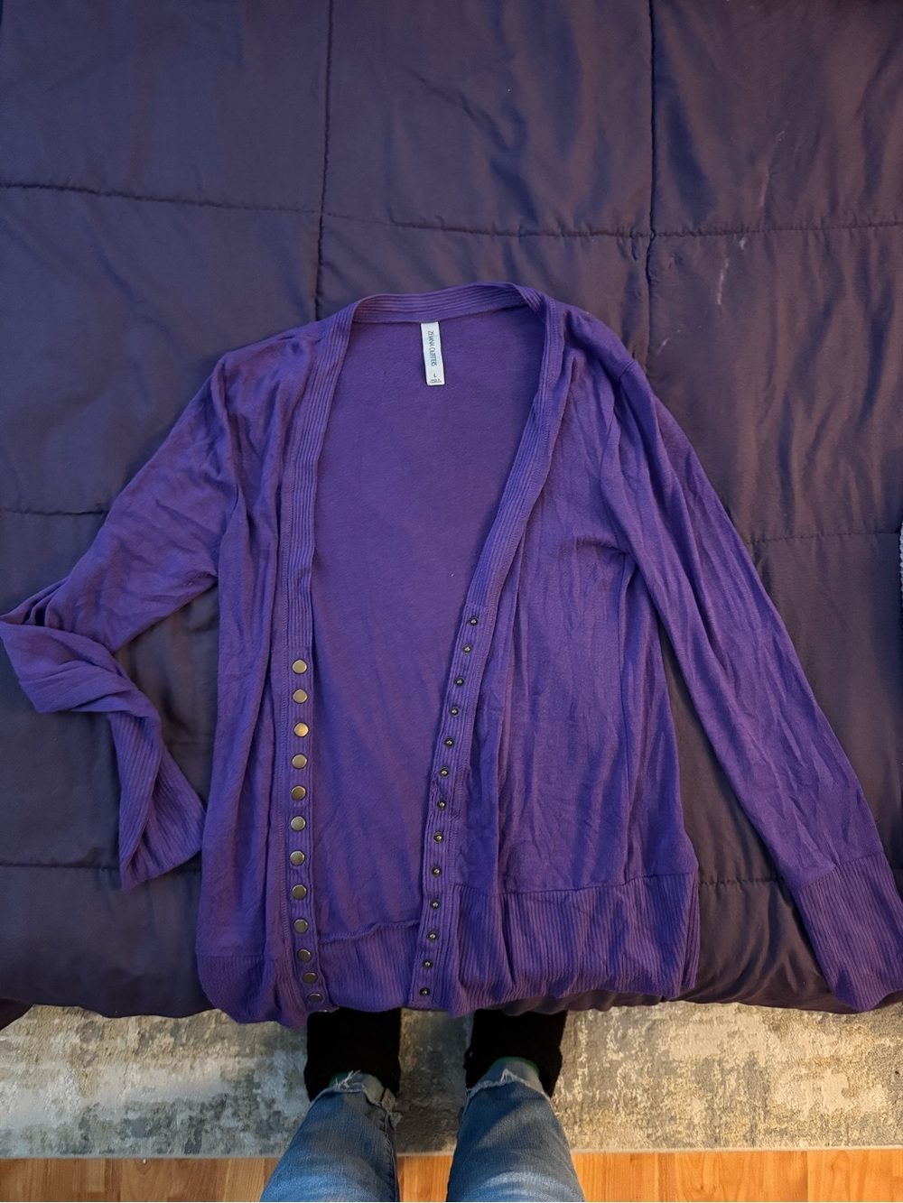Zenana Outfitters Purple Open-Front Cardigan with Button Detail